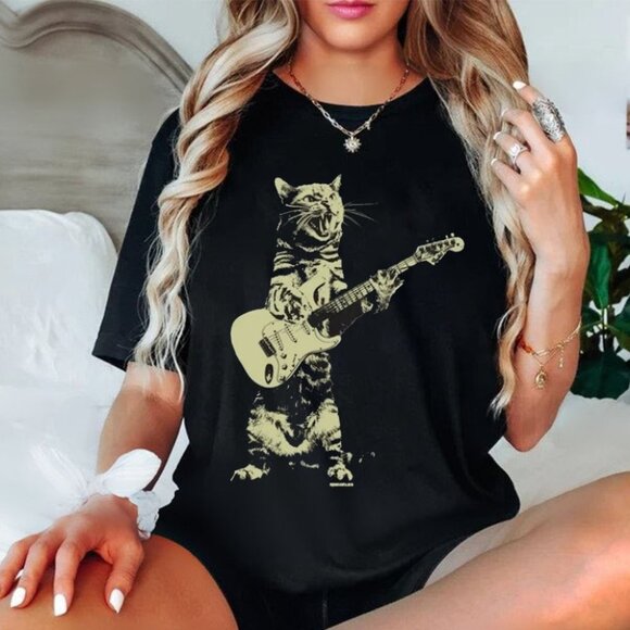 Cat Playing Guitar Shirt Mens Cat Playing Guitar Tshirt Music Tee - Picture 1 of 4